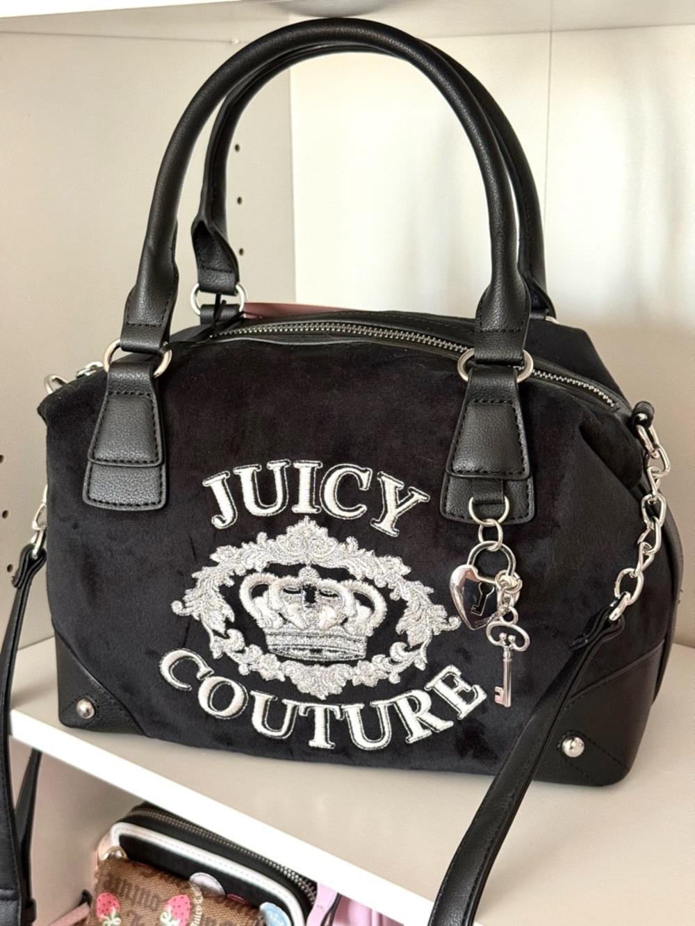 Juicy Couture “Falling For Juicy” Black Velvet Embroidered Logo Satchel - Picture 3 of 5